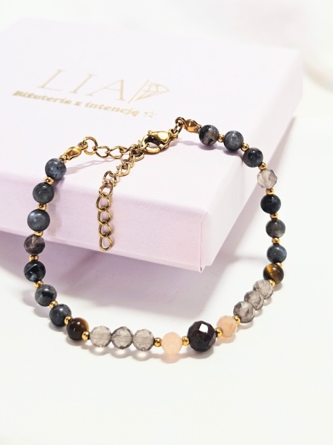 Bransoletka Granat, Labradoryt, Kwarc dymny, Tygrysie oko