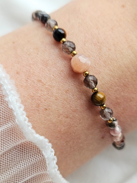 Bransoletka Kamień słoneczny, Kwarc dymny, Tygrysie oko, Rodonit