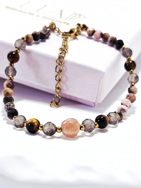 Bransoletka Kamień słoneczny, Kwarc dymny, Tygrysie oko, Rodonit