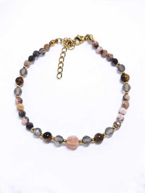 Bransoletka Kamień słoneczny, Kwarc dymny, Tygrysie oko, Rodonit